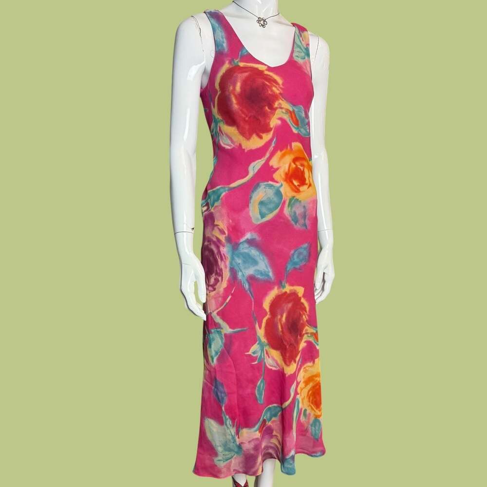 Vintage 90s Hot Pink Floral Rose Print Sleeveless Long Maxi Dress - Picture 2 of 7